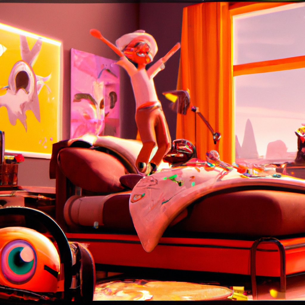 Daisy, smiling and energetic, jumped on her bed singing loudly while Jack watched in amusement. in a painting from stalenhag, 8 k, hdr, artstation, concept art