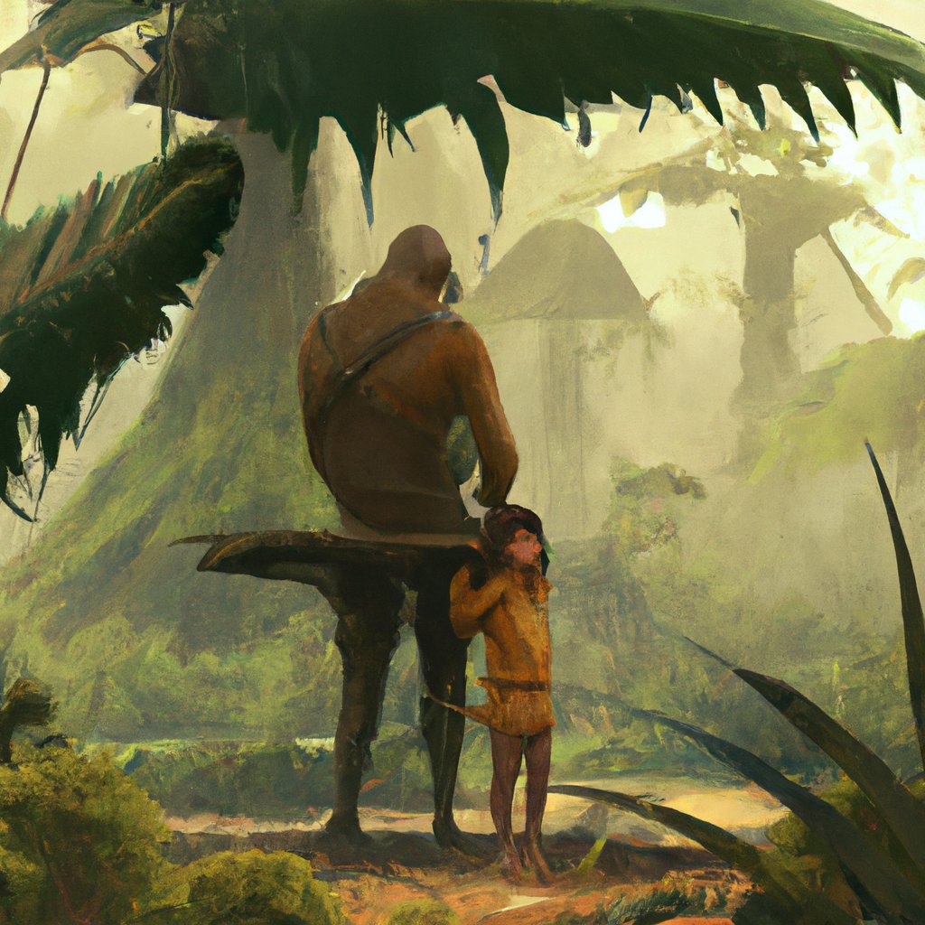 The king's daughter was a timid, small figure, with gentle features and a meek demeanor, contrasted by her father's powerful, oppressive presence in the jungle. in a painting from stalenhag, 8 k, hdr, artstation, concept art