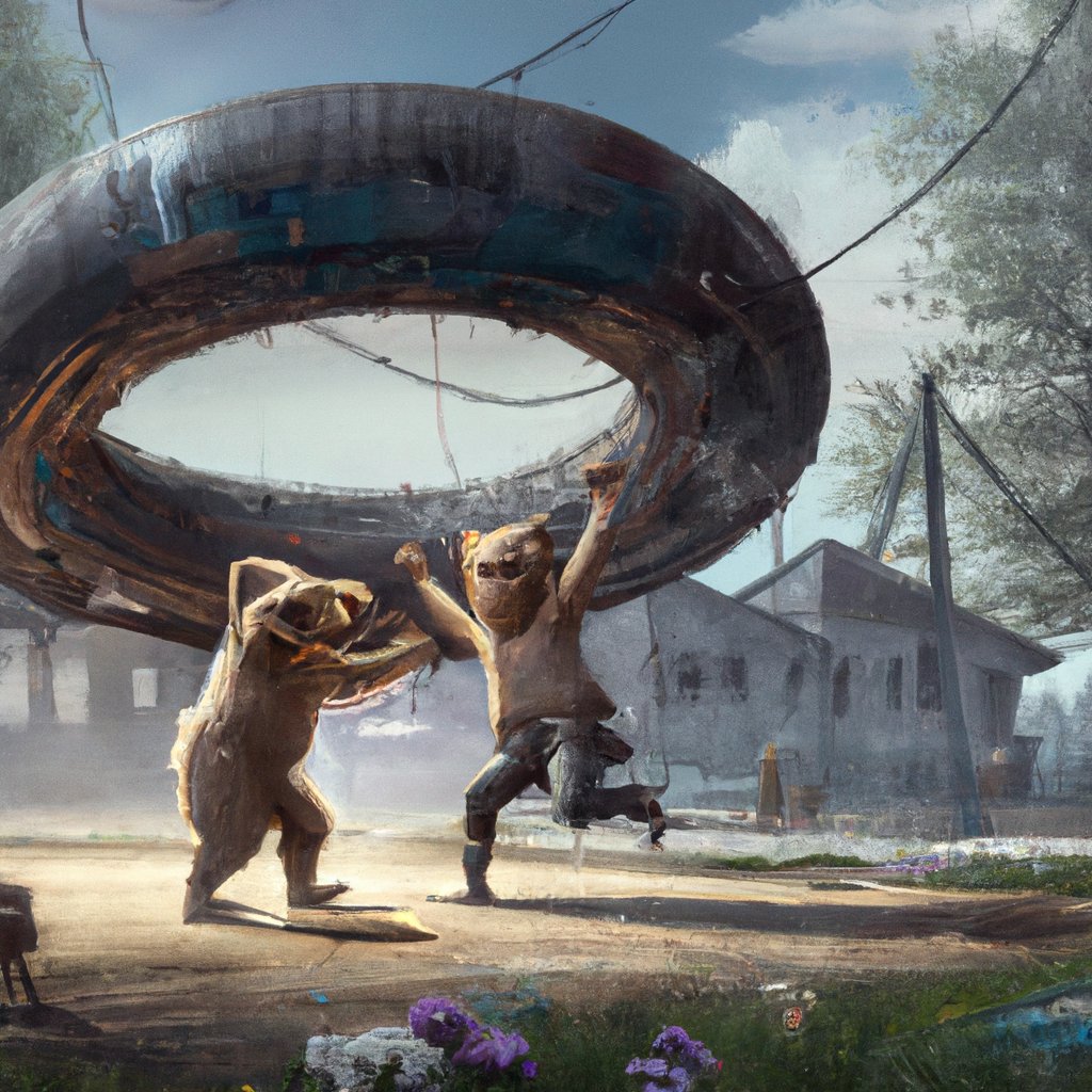 Charlie and Teddy, two enthusiastic siblings, put on an entertaining show for their parents as they grappled and wrestled around their makeshift ring. in a painting from stalenhag, 8 k, hdr, artstation, concept art