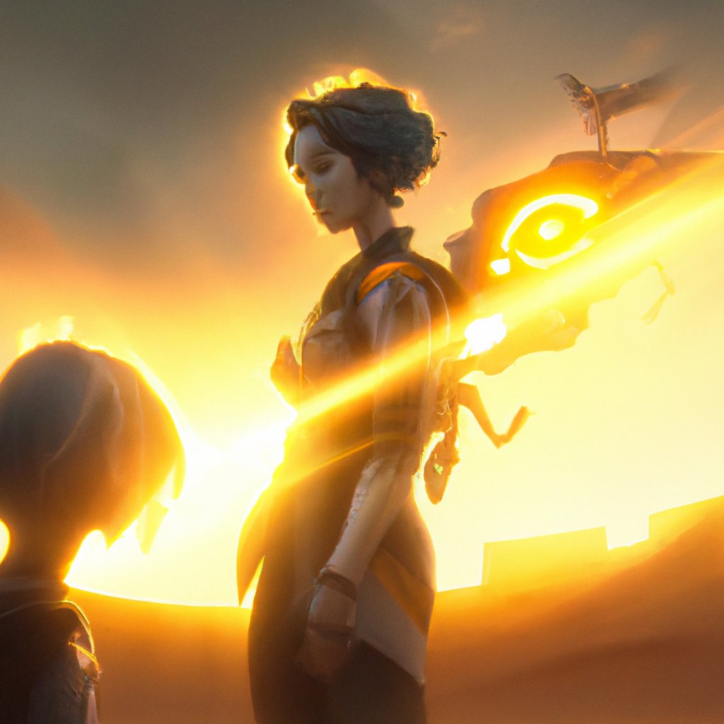 Mercy's determined face was illuminated by the sun reflecting off her wings and halo, a stark contrast to Mei's scowling expression and mocking stance.