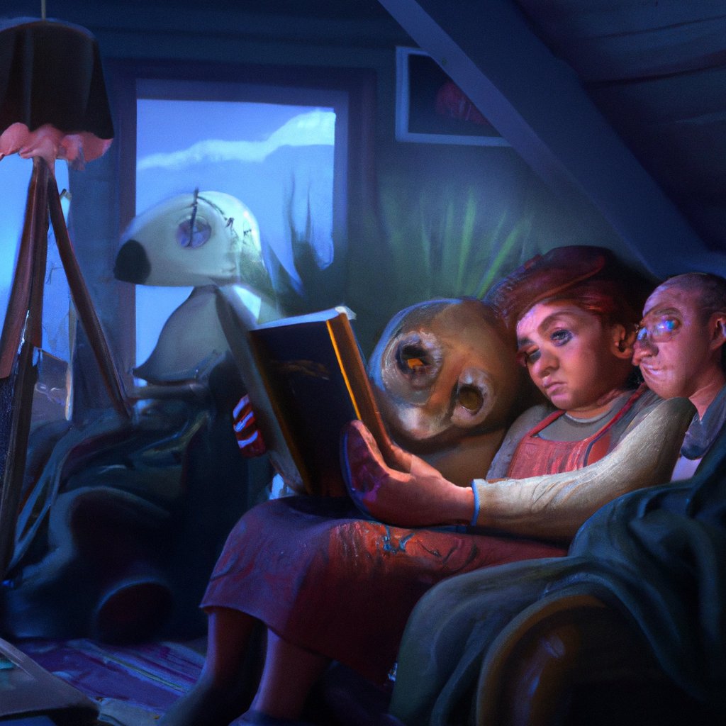 Gertrude, enchanted by the magical ebook created by ChatGPT, eagerly listened to her parents read her an exciting bedtime story. in a painting from stalenhag, 8 k, hdr, artstation, concept art