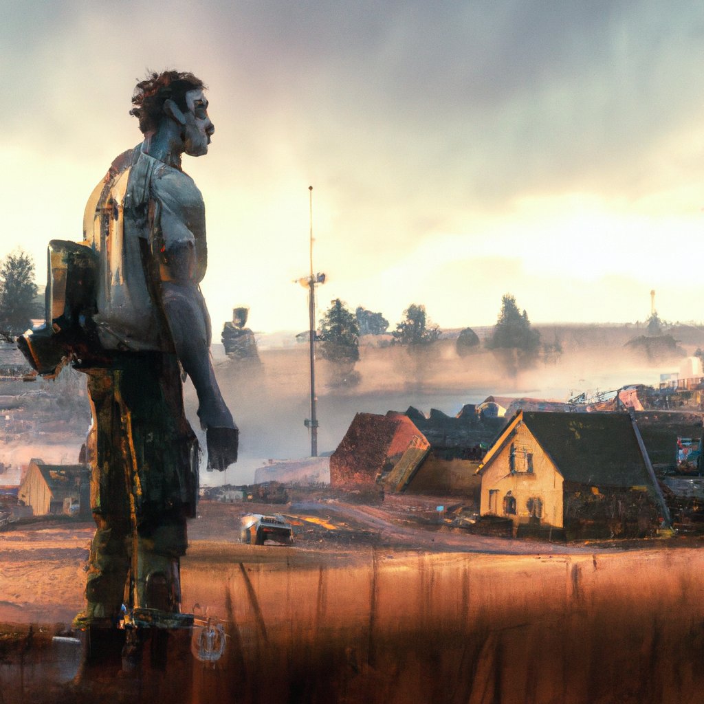 Johnny, desperate and determined, set off from his rural village in sub-Saharan Africa to seek a brighter future in Germany, hoping to make money to help his ailing mother. in a painting from stalenhag, 8 k, hdr, artstation, concept art