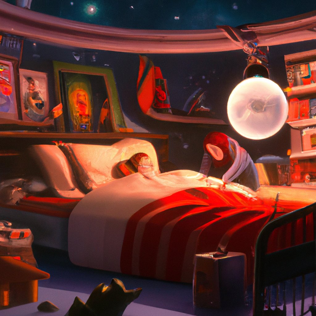 The illustration showed a small, wide-eyed Marcus lying in bed, surrounded by stars and planets, as his mother lovingly tucked him in and whispered stories of brave adventurers. in a painting from stalenhag, 8 k, hdr, artstation, concept art