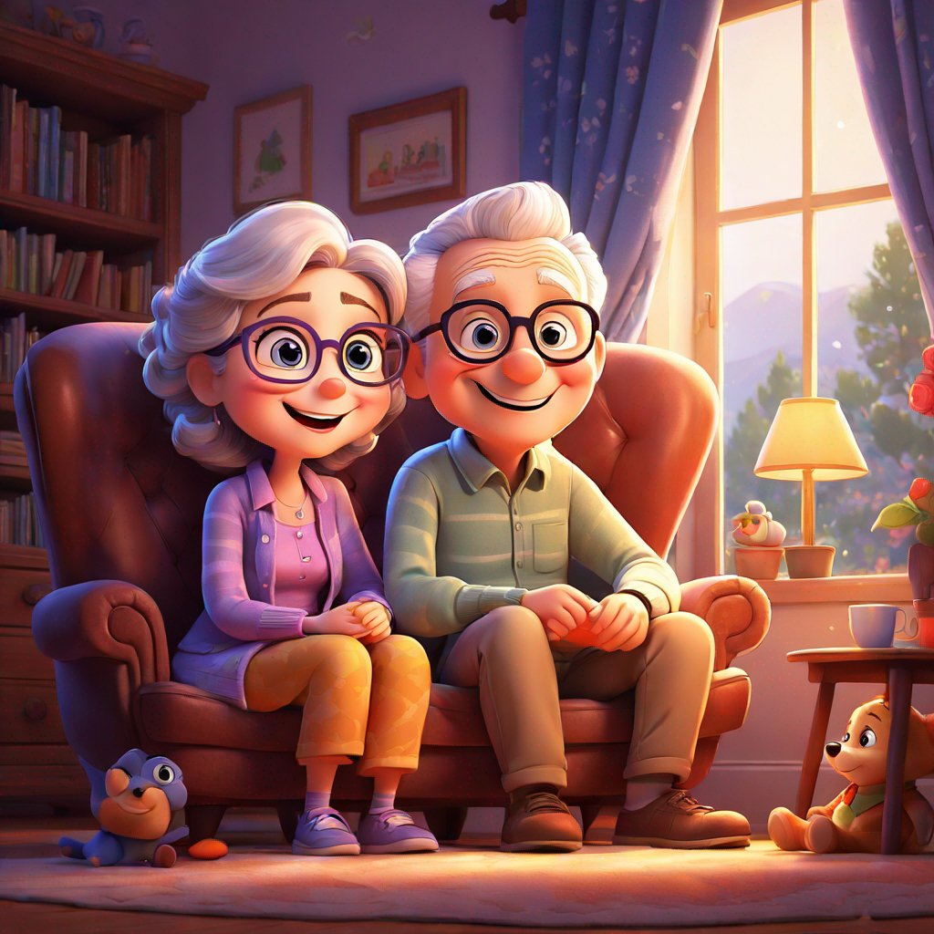 elderly couple, sitting together, cozy chair, anticipating, first grandchild