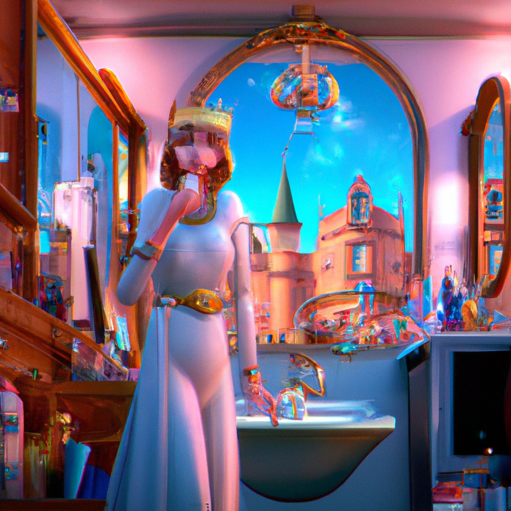 The illustration showed a joyful Princess Stella, dressed in a glittering gown and tiara, gleefully ignoring her toothbrush and toothpaste on the vanity, surrounded by opulent royal chambers. in a painting from stalenhag, 8 k, hdr, artstation, concept art