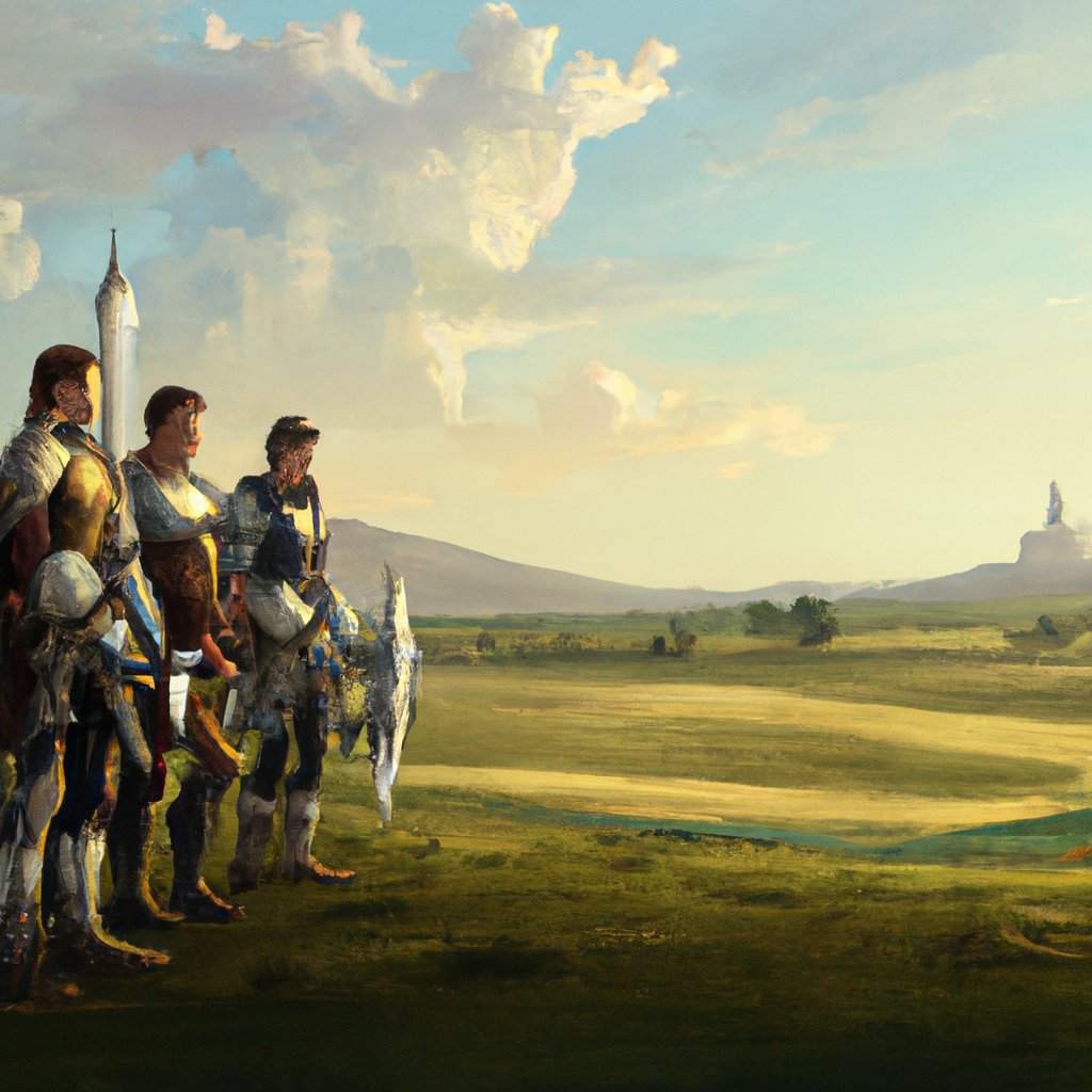 The four young heroes, brave, wise and loyal to their king, were famously known as the Knights of the Zodiac, living in the majestic kingdom of Camelot. in a painting from stalenhag, 8 k, hdr, artstation, concept art