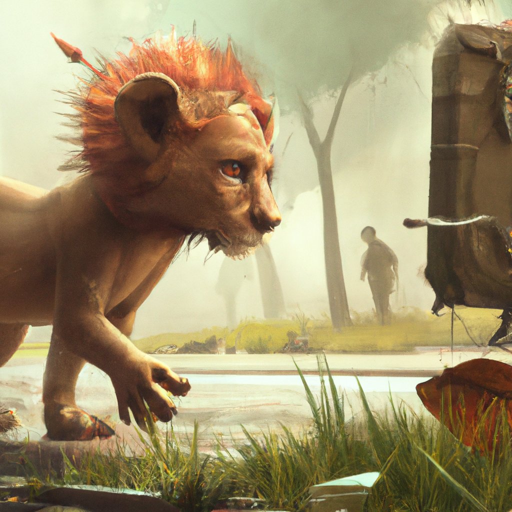 Leo, the adventurous little lion cub, roamed the jungle and made friends with its inhabitants, exploring and learning along the way. in a painting from stalenhag, 8 k, hdr, artstation, concept art