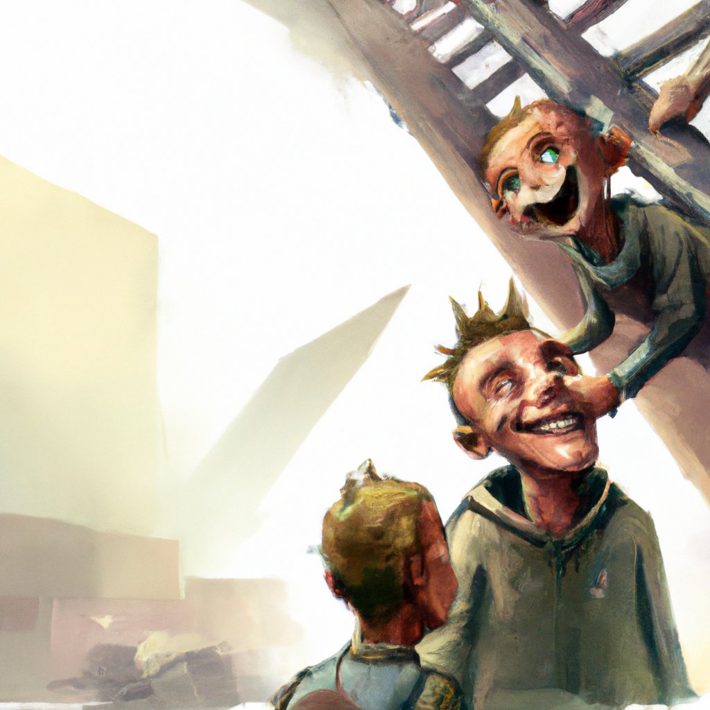 The illustration depicted Eijro and Connor, cheeky grins on their faces, with Eijro hovering mischievously above Connor, letting out a series of loud, smelly farts. in a painting from stalenhag, 8 k, hdr, artstation, concept art