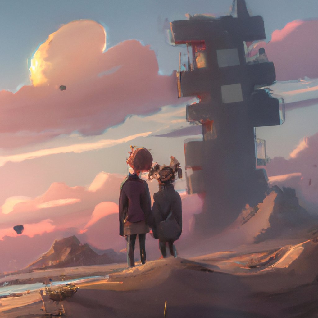 Darcy and Lottie, laughing gleefully, built sandcastles and swapped stories of daring adventures late into the night. in a painting from stalenhag, 8 k, hdr, artstation, concept art