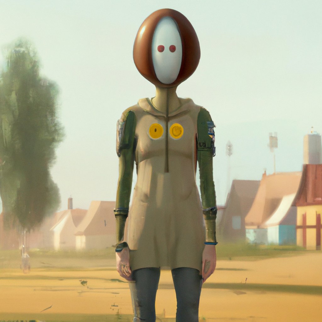 In the illustration, Daisy stands tall and proud, ready to face any challenge with a determined and courageous expression on her small, round face. in a painting from stalenhag, 8 k, hdr, artstation, concept art