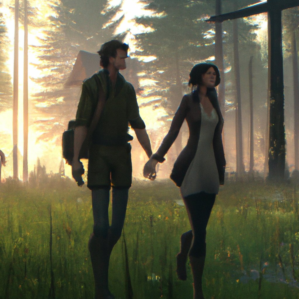 Adam and Farrah set off on an exciting, adventurous journey, exploring the lush, mysterious woods nearby. in a painting from stalenhag, 8 k, hdr, artstation, concept art