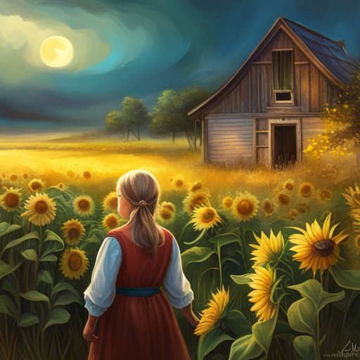 The little girl, enchanted by their beauty, joyfully gazed at the abundant, bright yellow sunflowers in her village every day.