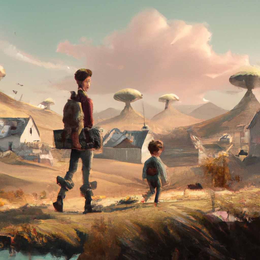 The two brave brothers, Noam and Ira, ventured out of their small village in Voldermert to explore the unknown world beyond and find thrilling adventure. in a painting from stalenhag, 8 k, hdr, artstation, concept art