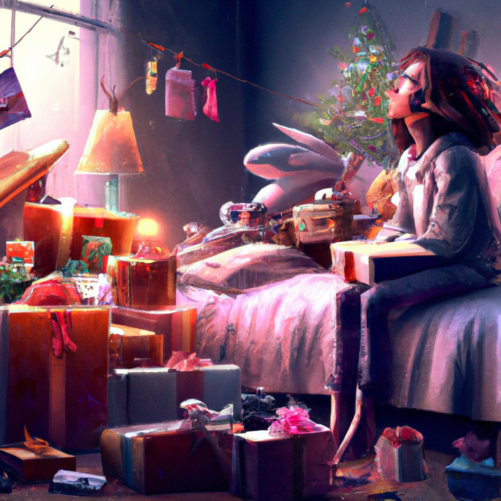 Haneen was overwhelmed with joy as she surveyed the scene of presents, of all shapes and sizes, neatly placed around her bed like a Christmas morning, with the biggest one bearing a tag that read 'For my special friend', from her beloved Fluffy. in a painting from stalenhag, 8 k, hdr, artstation, concept art