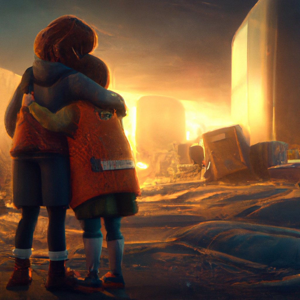 The two children embraced in a content hug, exchanging goodnights with happy smiles before drifting off into dreamland together. in a painting from stalenhag, 8 k, hdr, artstation, concept art