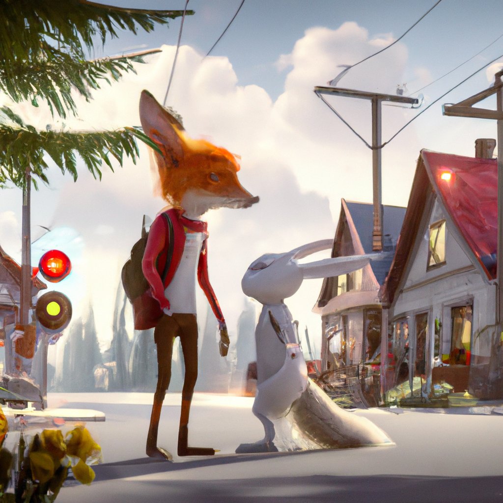 In the small, bustling village in the forest, a fluffy white rabbit and a sly red fox trotted side by side, an unlikely pair of friends.