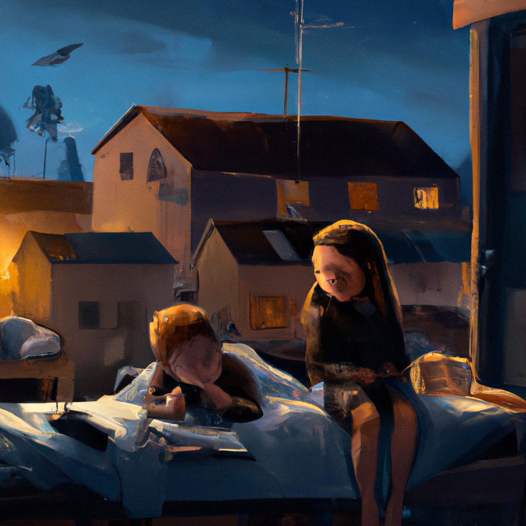 The two children, Sophie and Pierre, were gleefully preparing for bed in the quaint French village one peaceful evening. in a painting from stalenhag, 8 k, hdr, artstation, concept art