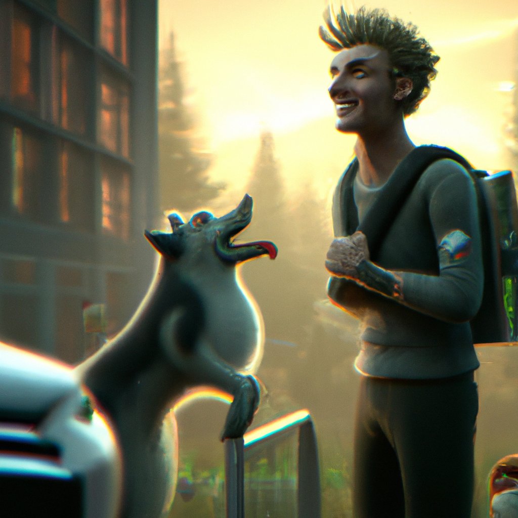 Timothee, filled with joy and excitement, beamed at the thought of finally having a pet as he looked at the small, furry, cuddly dog in front of him. in a painting from stalenhag, 8 k, hdr, artstation, concept art