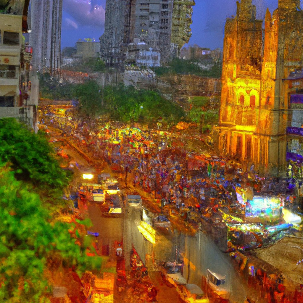 The bustling streets of Mumbai glowed brightly with the vibrant colours of its inhabitants, blissfully unaware of the momentous meeting of two of India's greatest musical composers, Saint Thyagaraja and Saint Muthuswami Dikshitar, that was about to take place on this warm summer evening. in a painting from stalenhag, 8 k, hdr, artstation, concept art