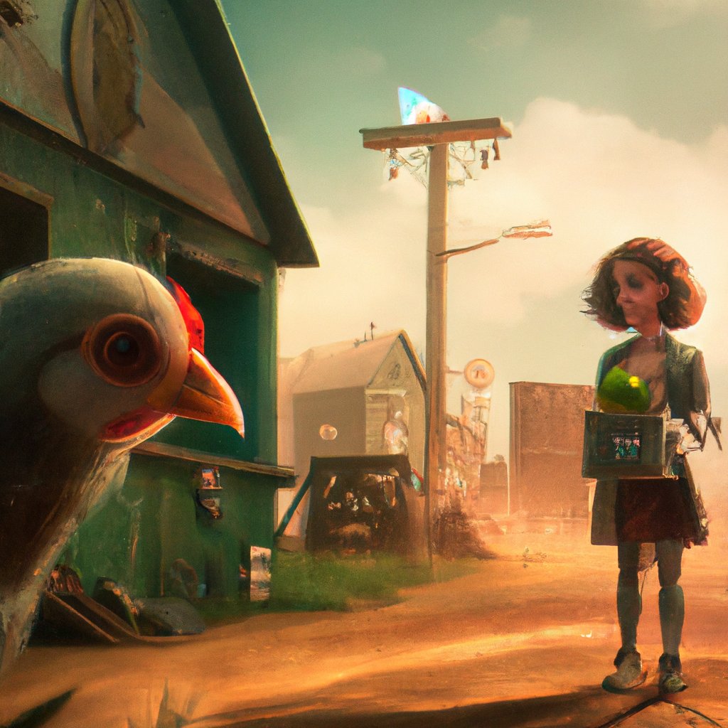 Clara, the small but adventurous chicken, eagerly explored the vibrant and vast farm despite her parents' warnings. in a painting from stalenhag, 8 k, hdr, artstation, concept art