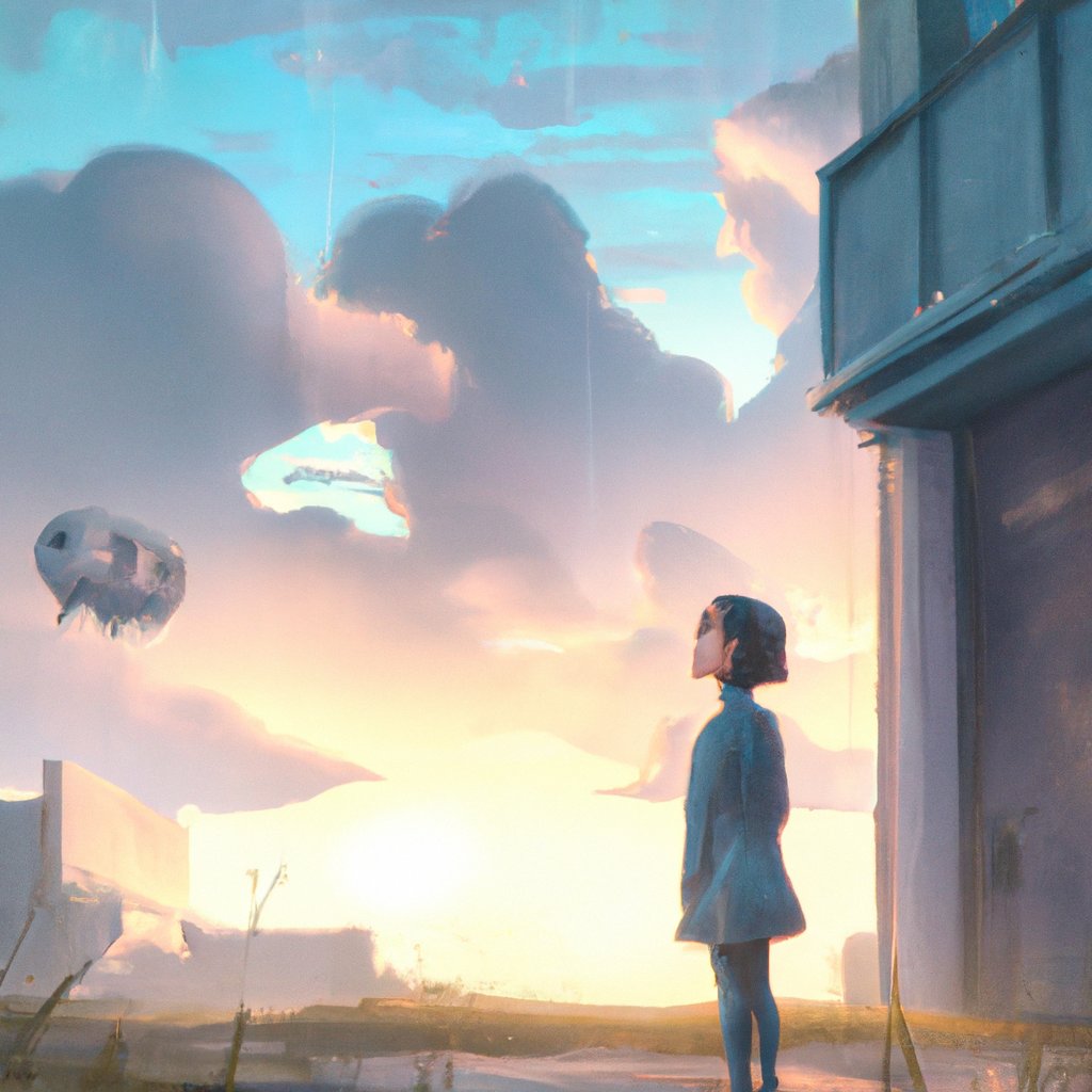 The young girl stood alone, looking up at the sky with a longing expression, her eyes searching for the father she had never met. in a painting from stalenhag, 8 k, hdr, artstation, concept art