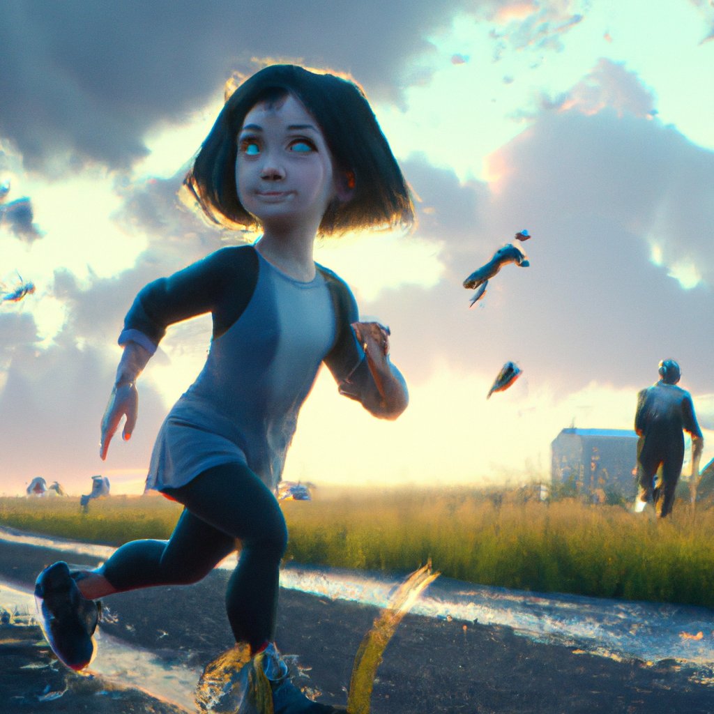 Stella gleefully ran around her parents, pointing at everything in her path with her round, curious eyes, her white-black hair bouncing along as she celebrated her newfound freedom of two years. in a painting from stalenhag, 8 k, hdr, artstation, concept art