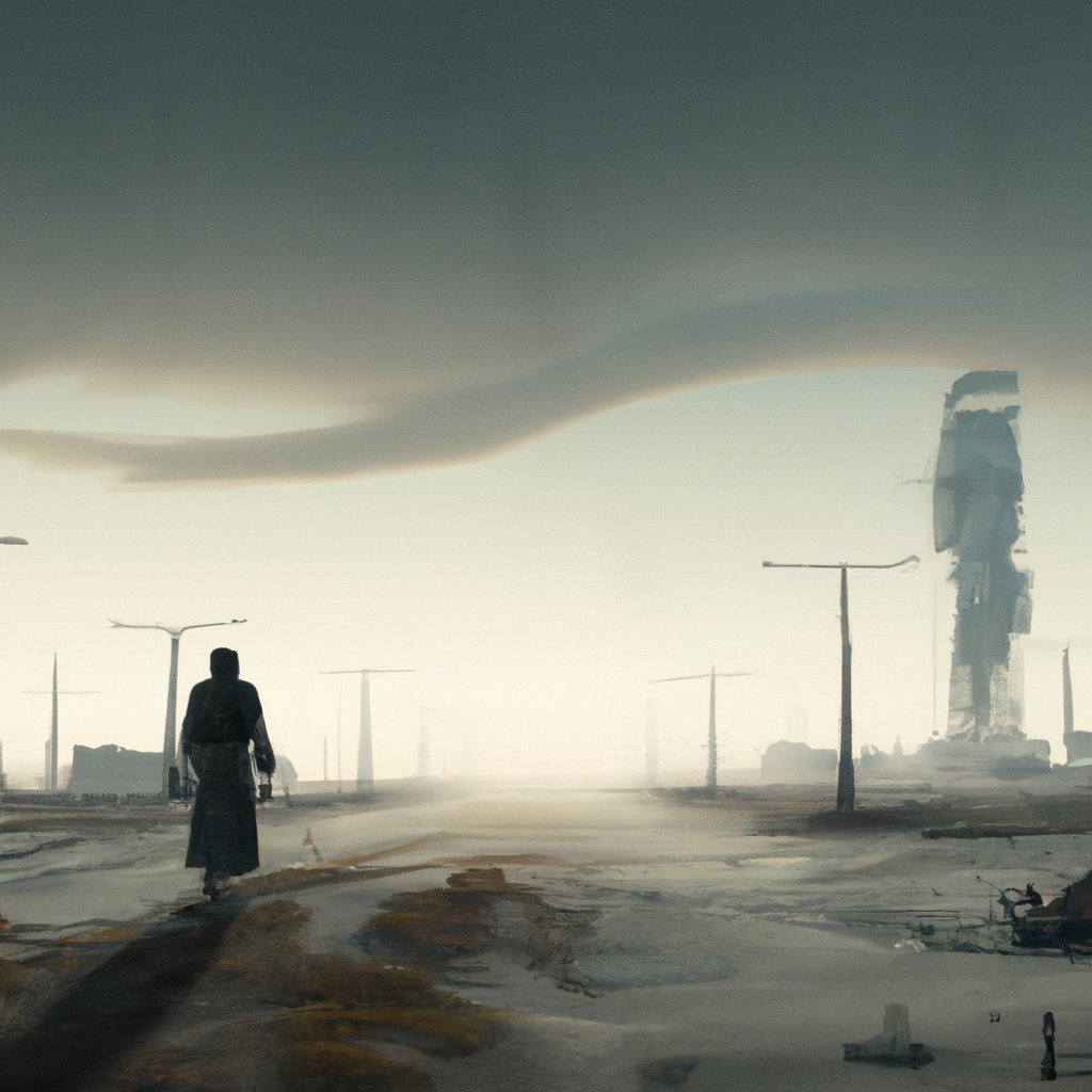 The man, alone and afraid, stood solitary on a desolate landscape, the only reminder of life long gone. in a painting from stalenhag, 8 k, hdr, artstation, concept art