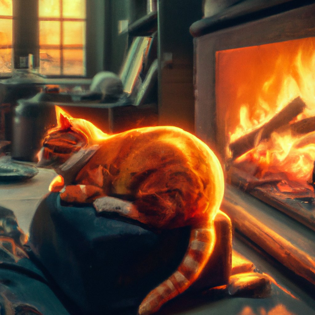 Yussy, the orange cat, lay curled up close to the warmth of the fire, contentedly daydreaming about her recent explorations of new places and exciting activities on this chilly autumn day. in a painting from stalenhag, 8 k, hdr, artstation, concept art