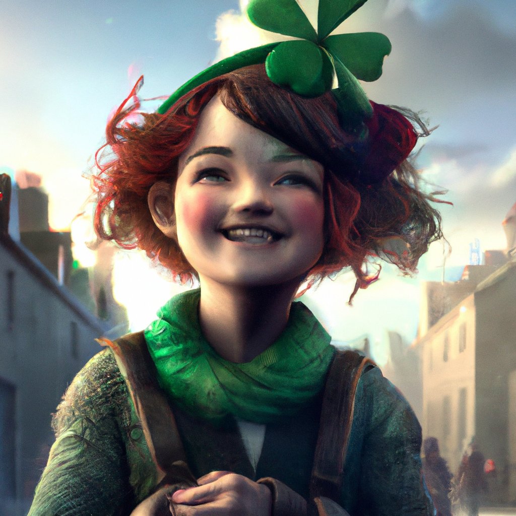 Fern, a young girl from Dublin, beamed with joy and excitement in her special green bow, on St Patrick's Day, anticipating the holiday for weeks, happy to show off her festive outfit. in a painting from stalenhag, 8 k, hdr, artstation, concept art