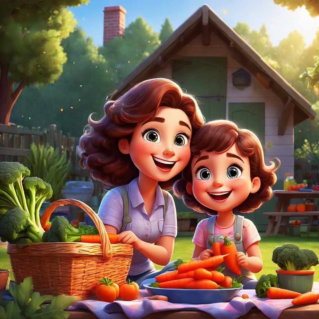 mother and daughter, smiling, outdoor adventure, backyard exploration, picnic basket, carrots, broccoli