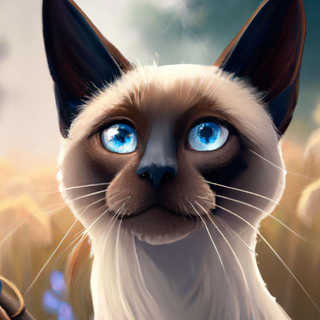 A majestic Siamese cat with blue eyes and sparkling white fur that radiates sweetness and charm is depicted in the illustration. in a painting from stalenhag, 8 k, hdr, artstation, concept art