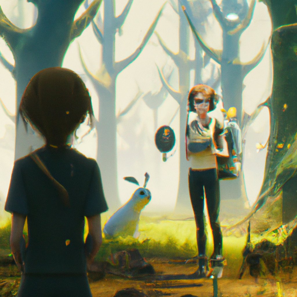 Uma, the compassionate girl, stood in the forest, bravely facing the lost, scared pokemon. in a painting from stalenhag, 8 k, hdr, artstation, concept art