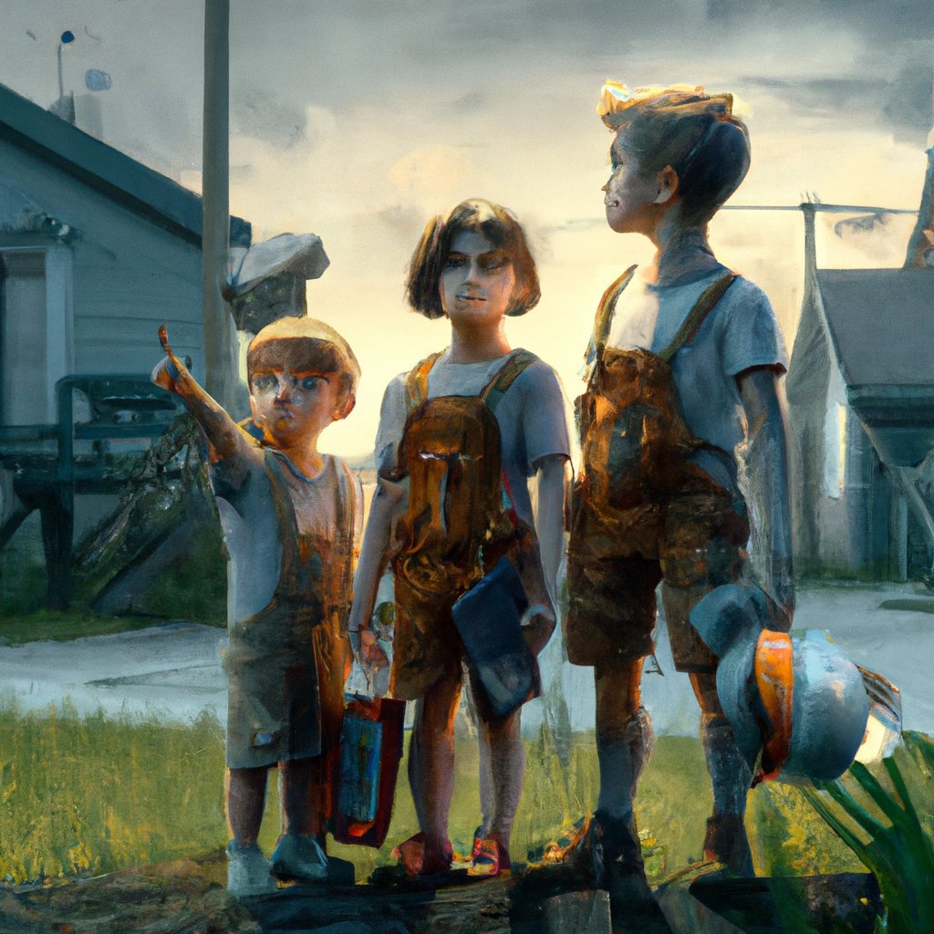 The three children, Jack, Ella and Lola, were wide-eyed and excited, ready to embark on an adventure after a day of playing in the backyard. in a painting from stalenhag, 8 k, hdr, artstation, concept art