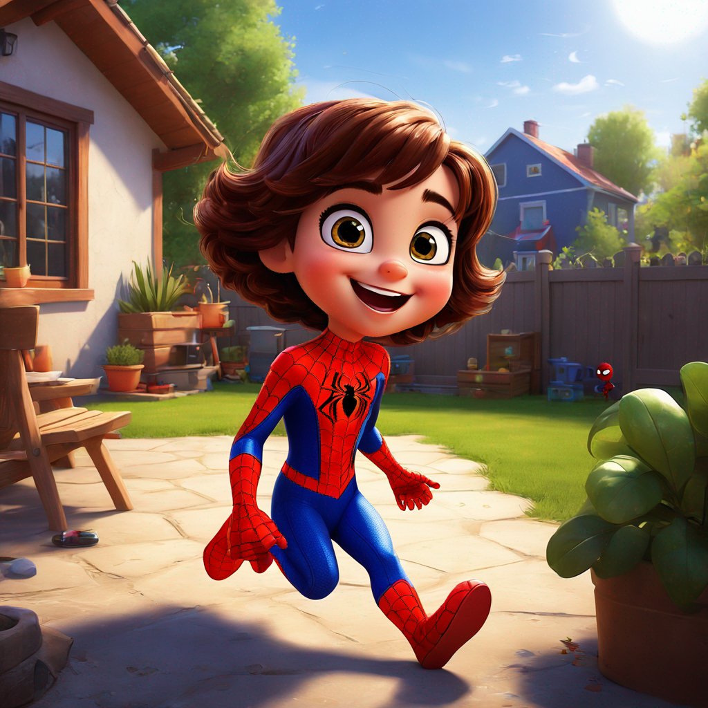 wide-eyed girl, backyard, red and blue Spider-man suit, excited friend