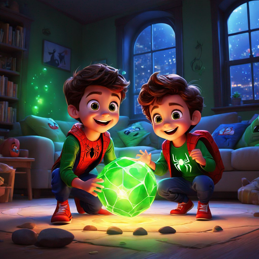 two children, Spider-Man costumes, excited about a glowing green stone