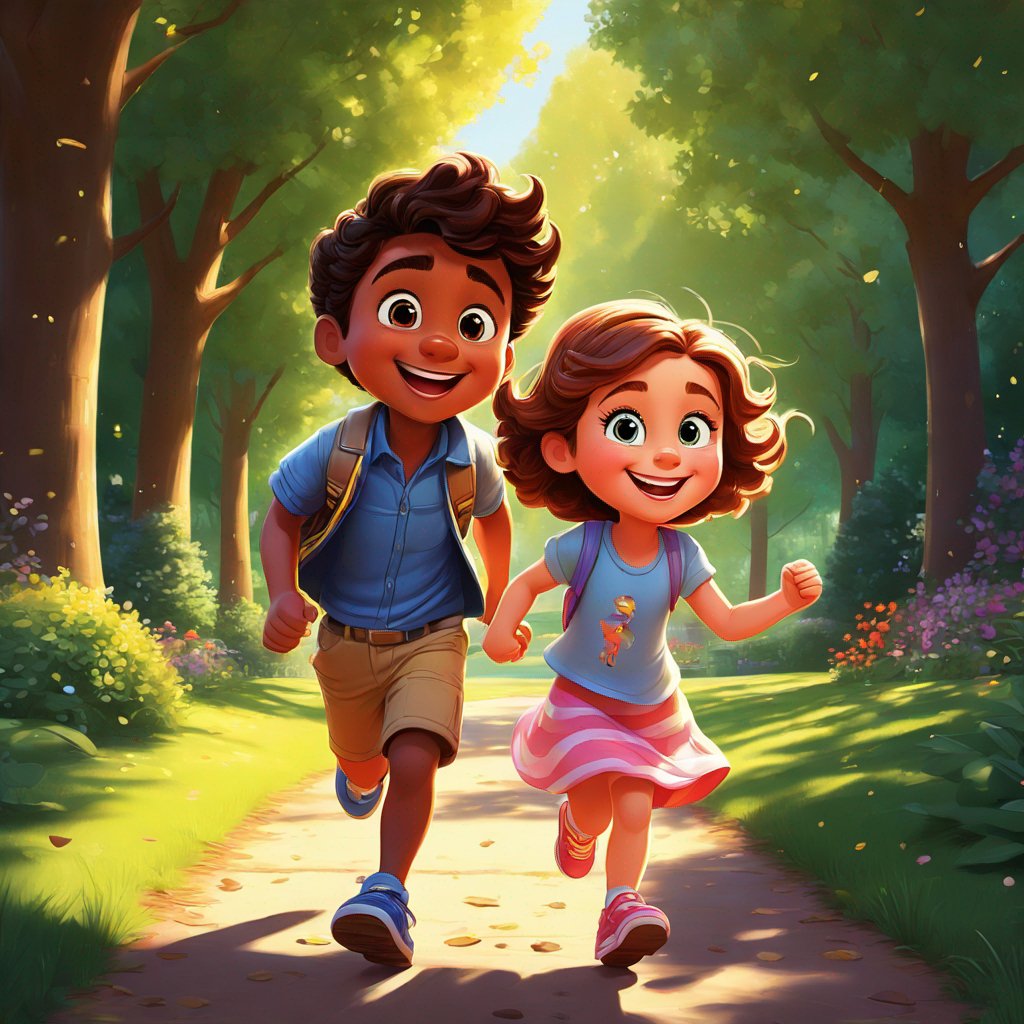 painting, Wesley, Rosie, running, hand in hand, sun-dappled park, joy, wonder