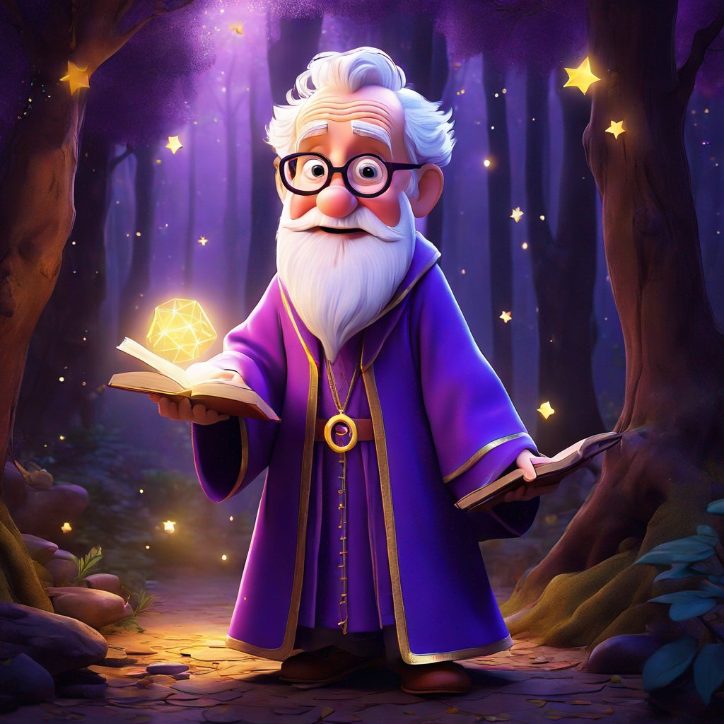 old man, Math Fairy, purple robe with gold trimming, calling out, Kate Diaz-Pimienta, mysterious forest