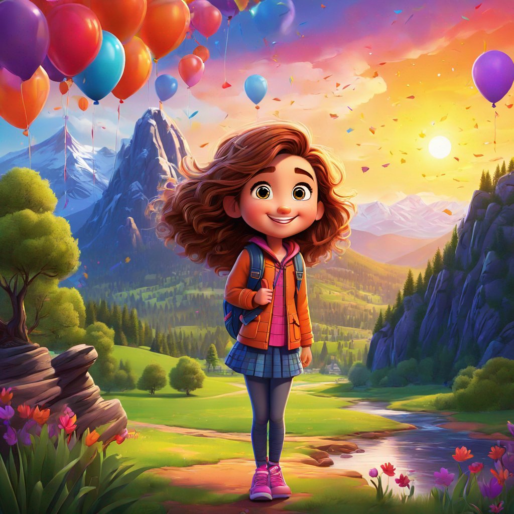 brave 12-year-old girl, bright smile, standing in front of vibrant landscape, April 4th birthday