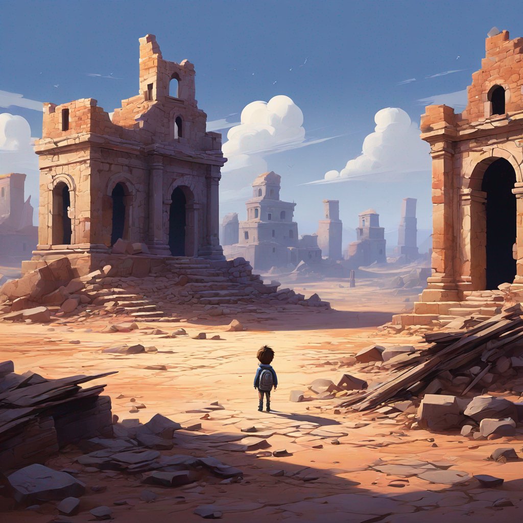 desolate landscape painting, small determined person, ruins of a city