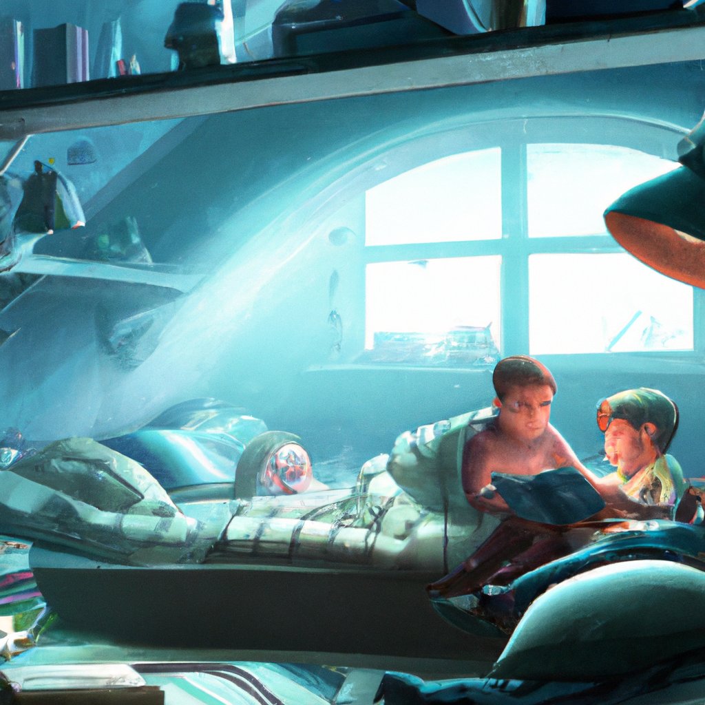 Finn snuggled up in his bed, eyes twinkling with anticipation as his mom opened the book and began reading, a story of discovery, friendship, and adventure. in a painting from stalenhag, 8 k, hdr, artstation, concept art