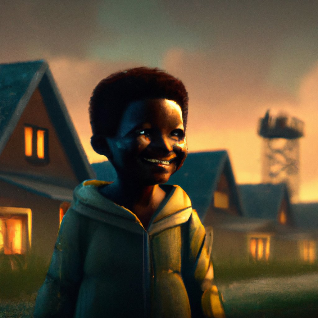 Noah, a young, happy, black boy of six, smiled up at his loving mother Ashley as she tucked him in for the night on a typical summer evening in Detroit in the 1990's. in a painting from stalenhag, 8 k, hdr, artstation, concept art