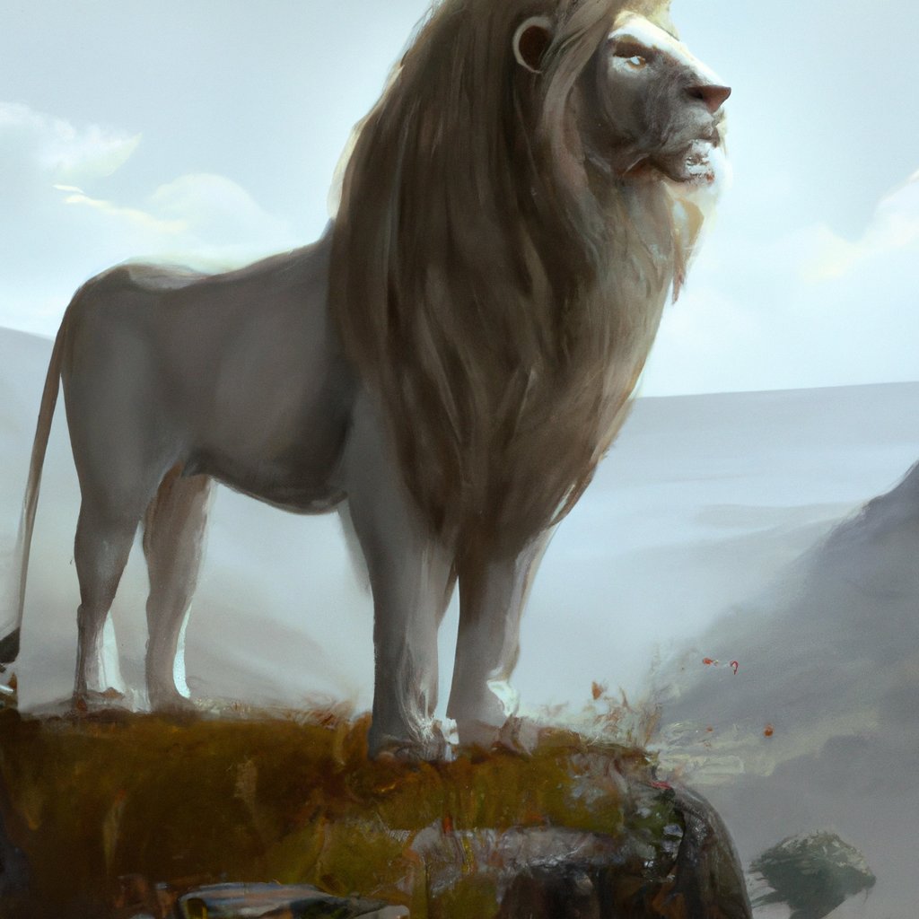 The lion, with his grand, white mane and regal attitude, stood proud as the majestic king of the jungle. in a painting from stalenhag, 8 k, hdr, artstation, concept art