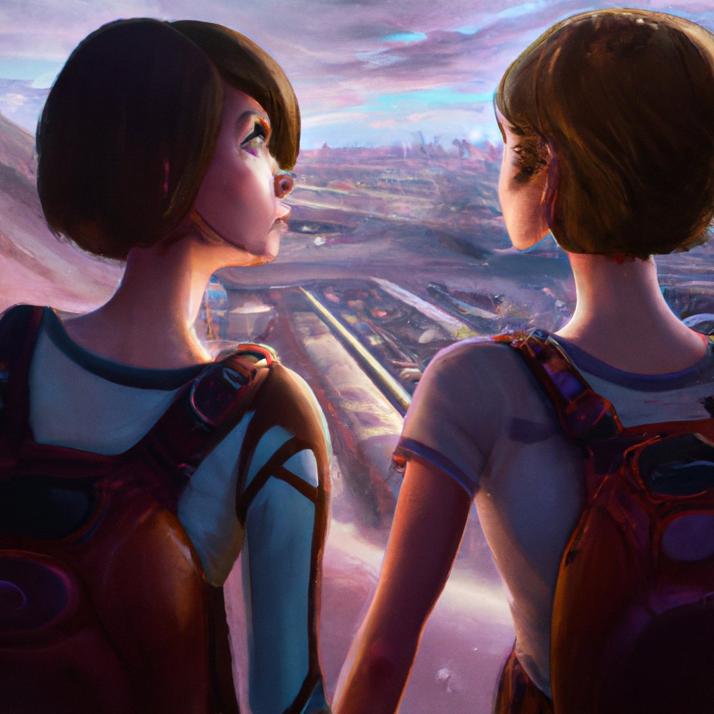 Two wide-eyed, adventurous friends, Aiyana and Nali, linked arm in arm, gazed out into the unknown depths of the universe with a sense of excitement, ready to explore its mysteries together. in a painting from stalenhag, 8 k, hdr, artstation, concept art