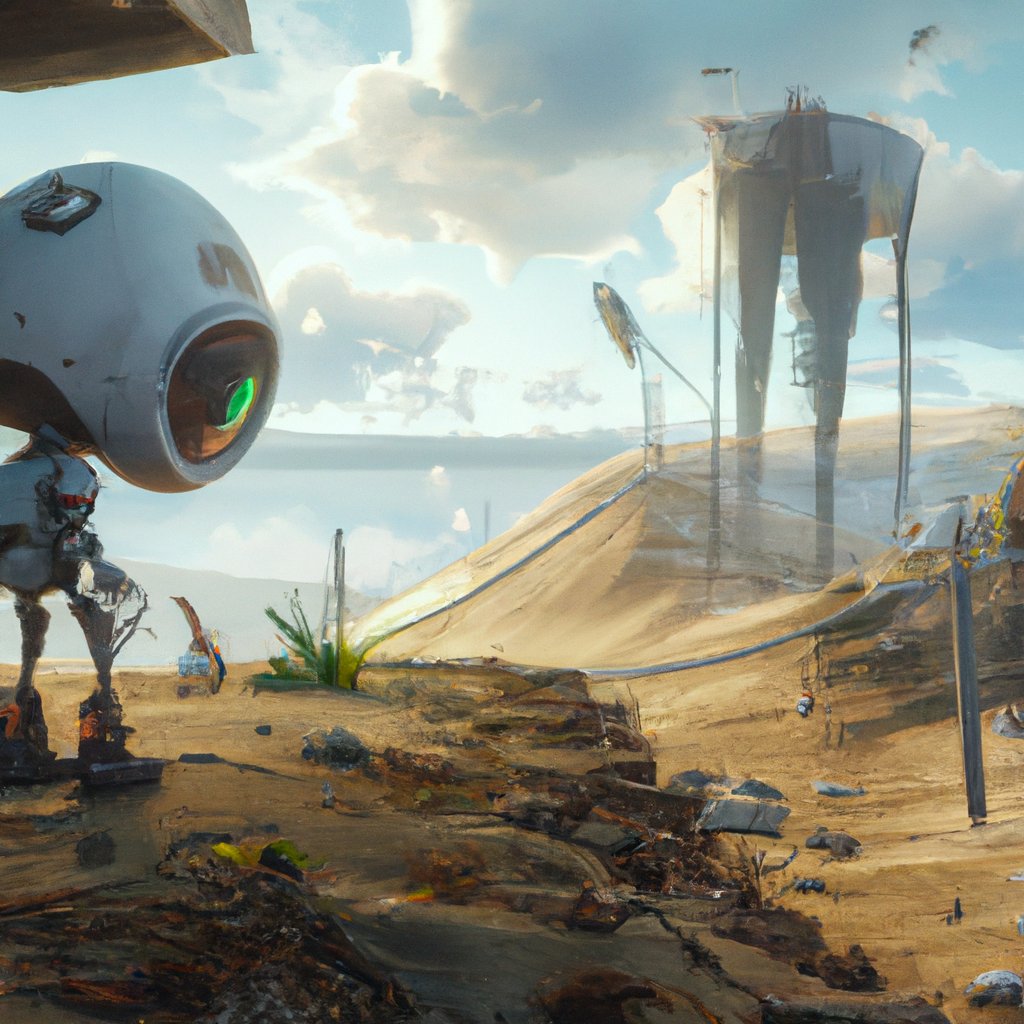 Tinny, the small robot with blue eyes and metal wires, curiously explored his faraway land, eager to learn more. in a painting from stalenhag, 8 k, hdr, artstation, concept art