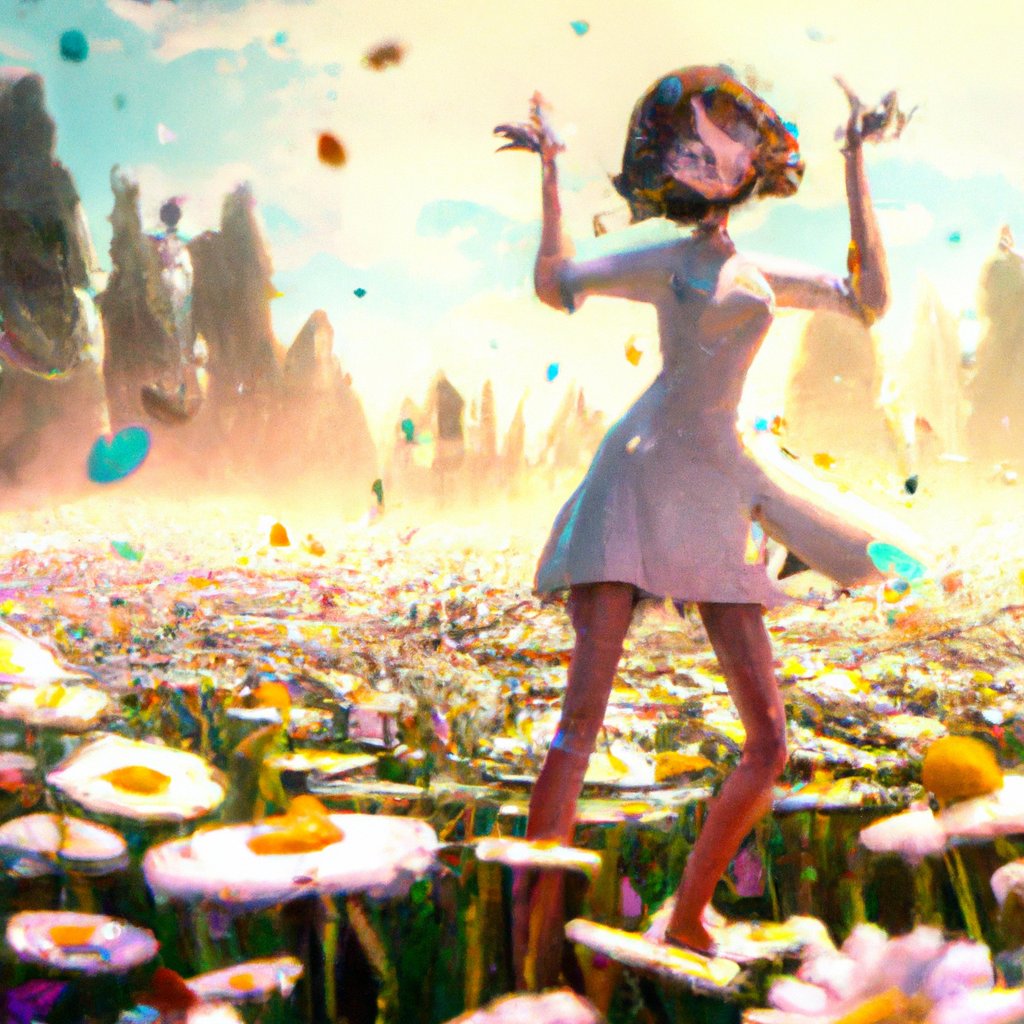 The illustration showed Daisy dancing gleefully in the sun-kissed meadow, surrounded by a dazzling array of colorful blossoms. in a painting from stalenhag, 8 k, hdr, artstation, concept art