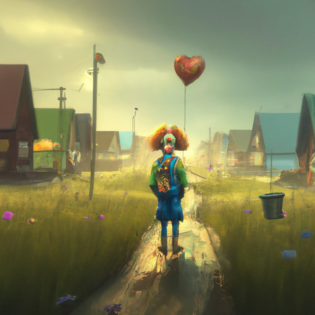 Oscar, the sad clown, donned his colorful costume, with a heavy heart, to bring joy and laughter to the children of the town. in a painting from stalenhag, 8 k, hdr, artstation, concept art