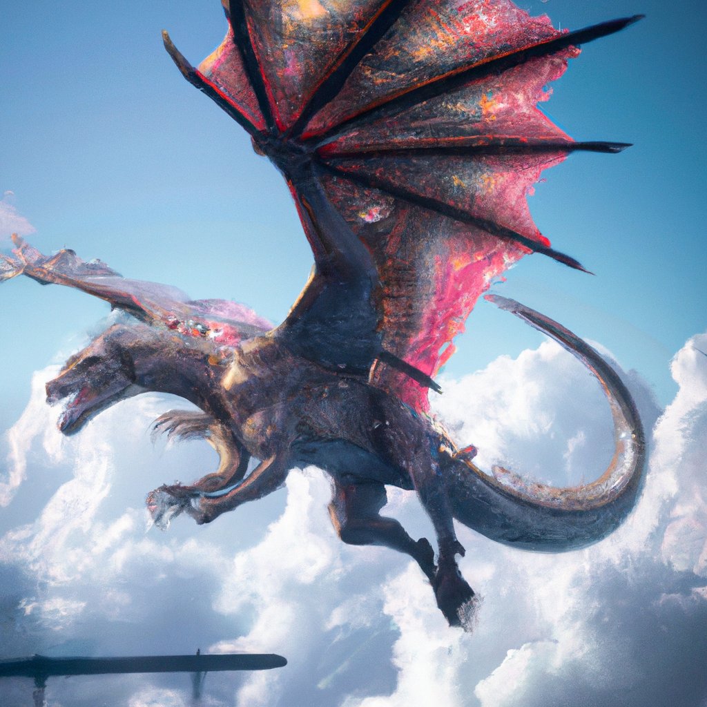 The majestic Kasper the dragon soared through the sky, its vibrant wings beating against the soft, white clouds. in a painting from stalenhag, 8 k, hdr, artstation, concept art