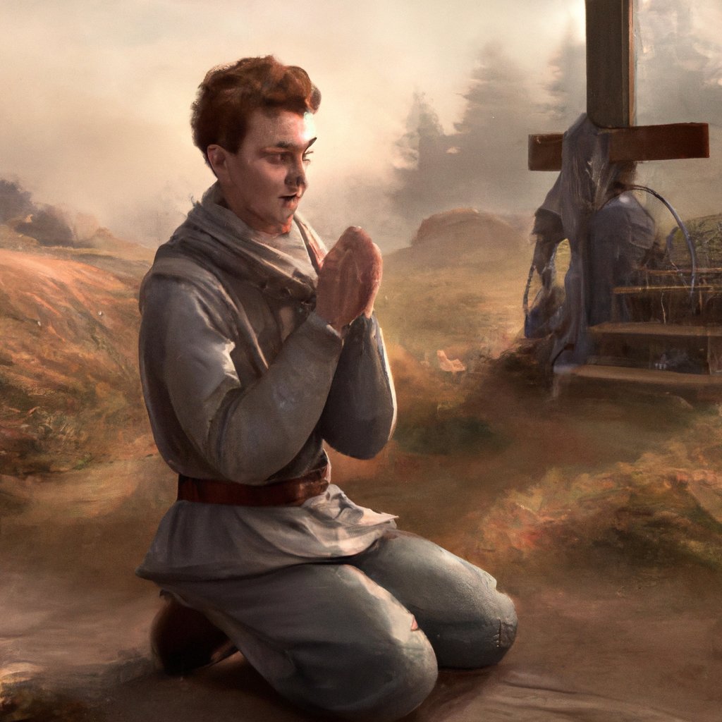 The young, earnest John Patrick knelt in prayerful supplication, beseeching God to grant him the means to faithfully assist Jesus in spreading the gospel.