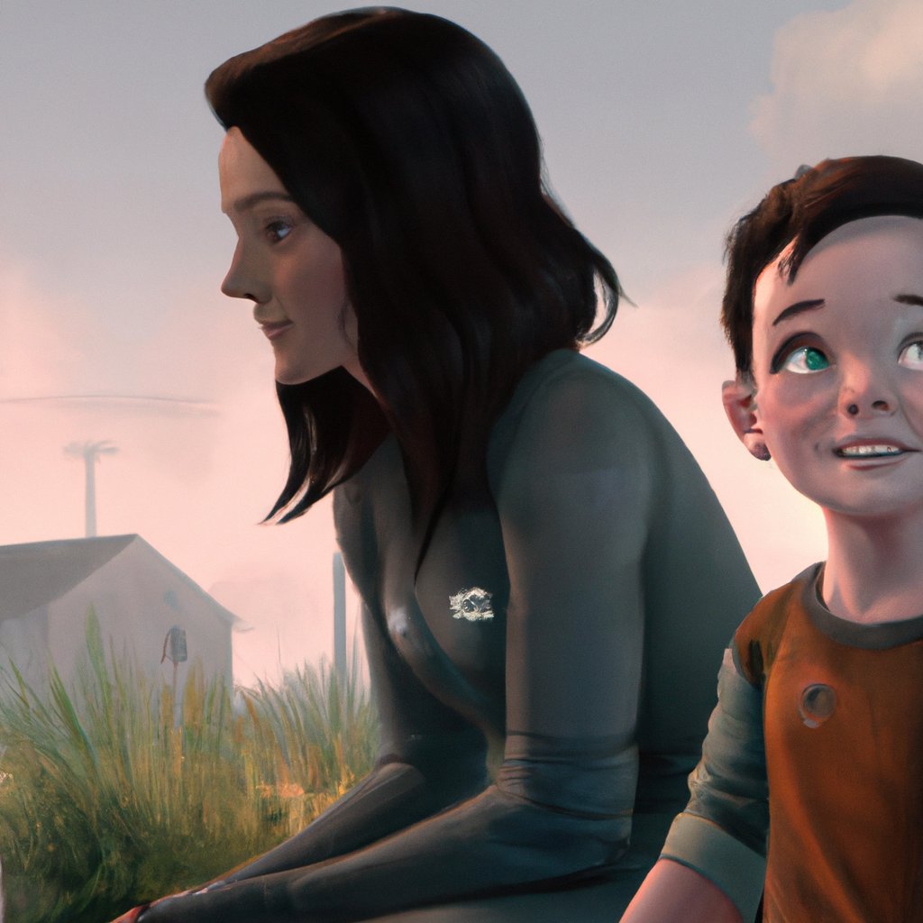 In the illustration, Joe sits wide-eyed, full of wonder, pondering the mysteries of time and space as his mom looks on with a gentle smile. in a painting from stalenhag, 8 k, hdr, artstation, concept art