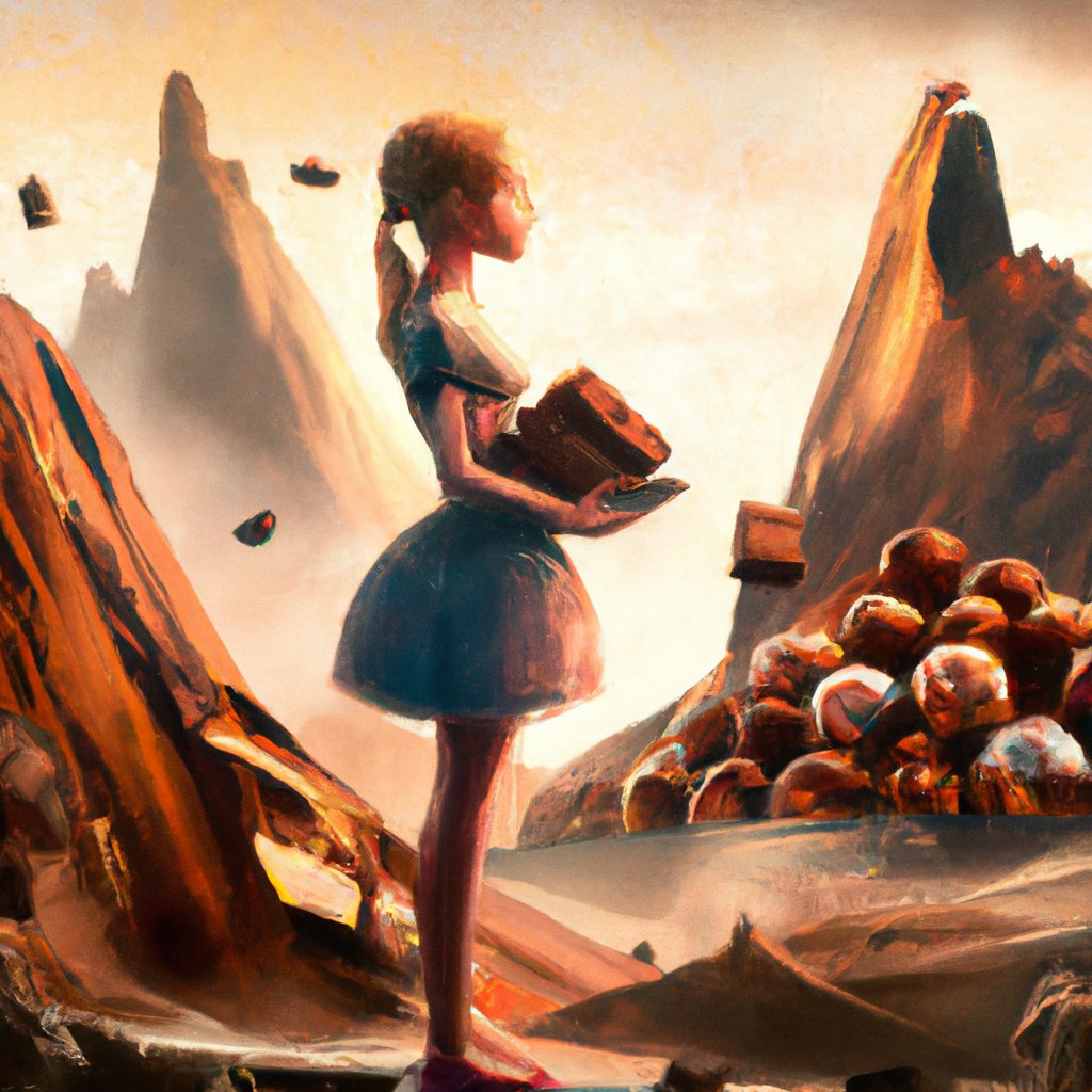 In the illustration, Cinderella stands blissfully surrounded by mountains of decadent chocolate, her eyes twinkling with joy. in a painting from stalenhag, 8 k, hdr, artstation, concept art